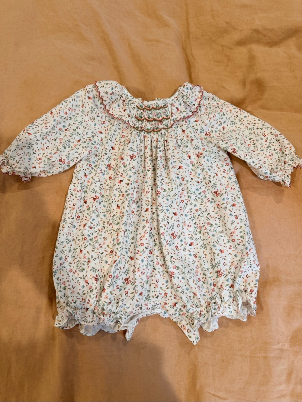 Floral Cream Smocked Baby Romper - Long Sleeve One-Piece
